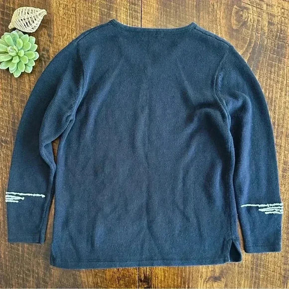 Northern Isles | Navy Blue V-neck Cotton Blend Sweater with Snowman Graphic - Picture 2 of 8